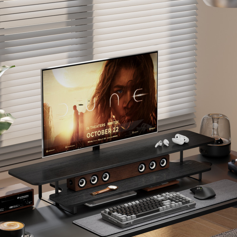 Desk Setup With Laptop And Monitor - Walnut Finish Monitor Stand Riser Solid