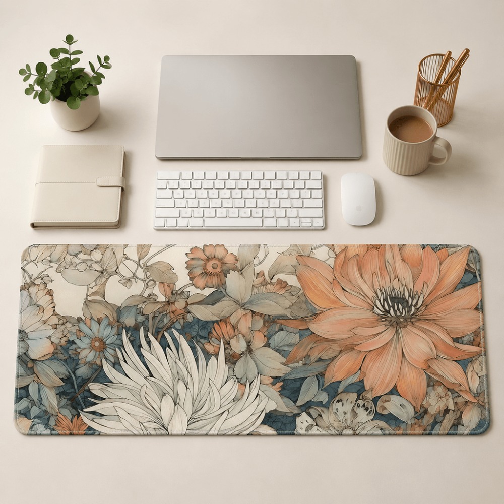 Desk Setup With Plants - Retro floral table mat, featuring plant