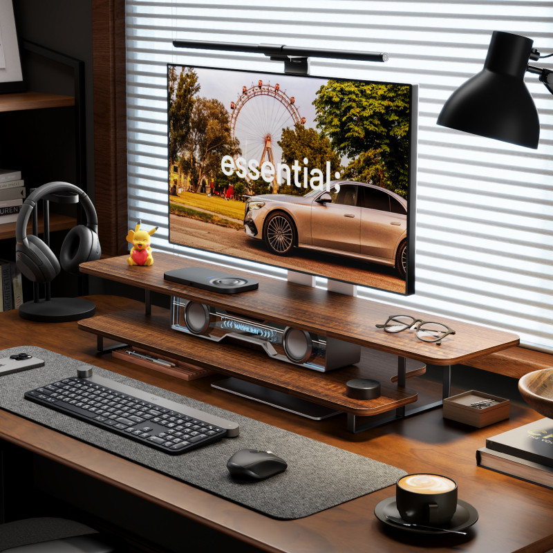 Walnut Finish Monitor Stand Ri - Desk Setup With Laptop And Monitor recension och pris